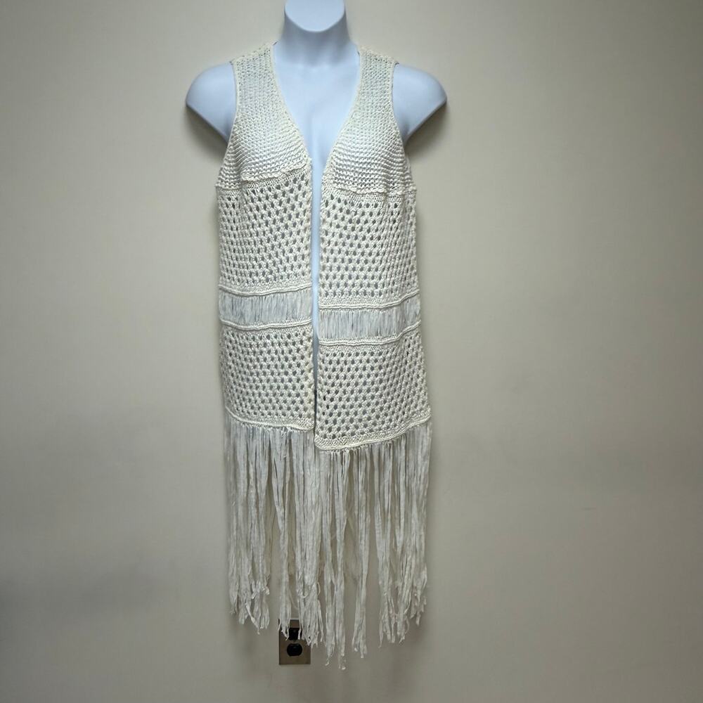 Anthology Cream Crochet Fringe Hem Open Knit Duster Boho Layering Festival 20/22
